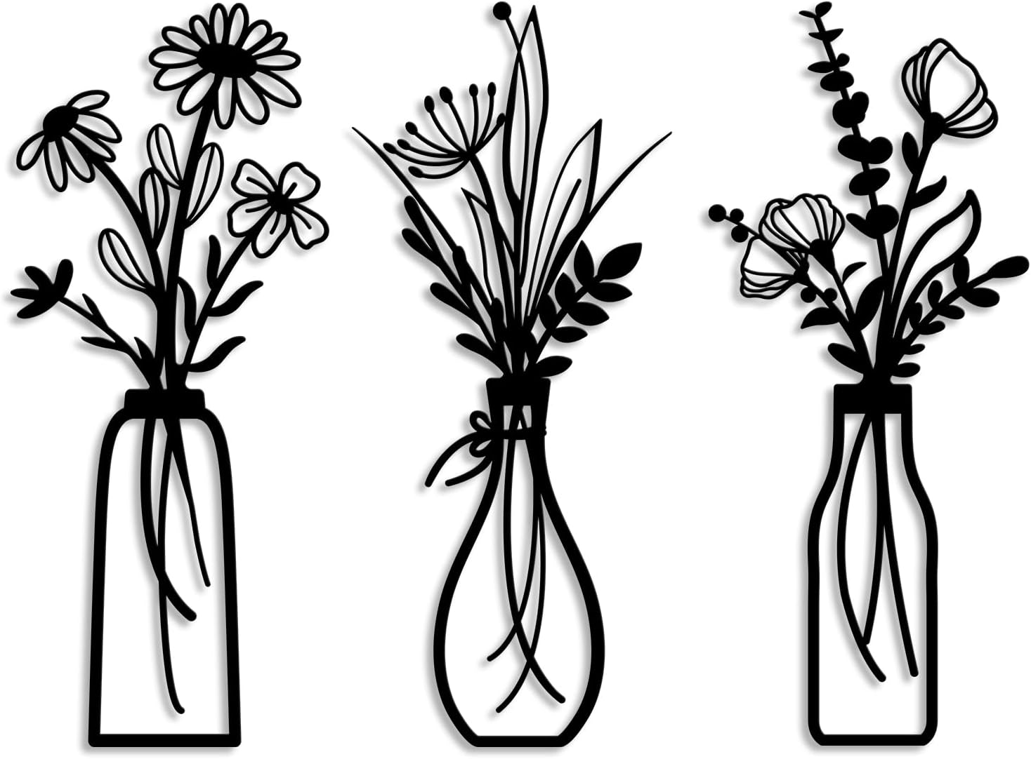 Pigort 3 Pieces Metal Flowers Wall Arts – Rustic Farmhouse Decor Black Minimalist Flower Wall Decors for Living room Bathroom Bedroom Dining Room – Housewarming Gifts(Black, Vase-C)