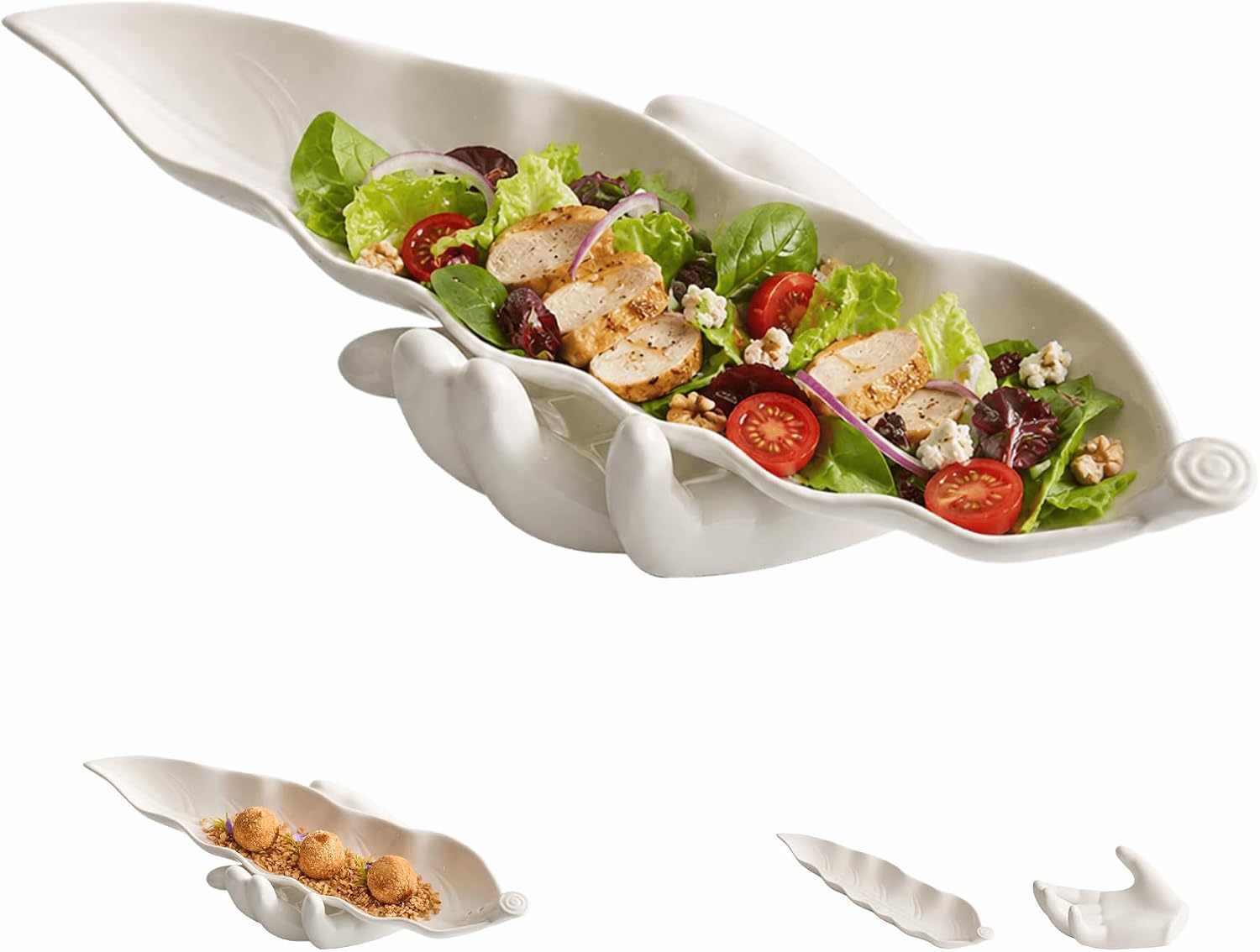 White Ceramic Leaf-Shaped Serving Tray with Hand Base, 13in Decorative Snack Plate for Appetizers, Desserts, Candy, Jewelry & Keys, Elegant Leaf Tray for Coffee Table, Vanity & Home Decor
