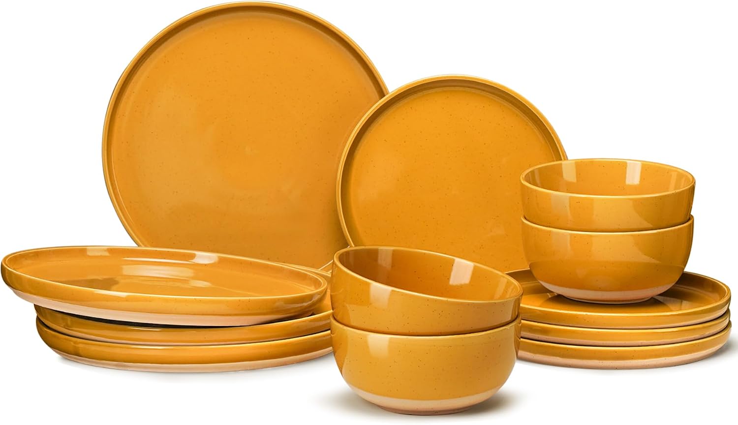 12 Pieces Farmhouse Stoneware Dinnerware Sets, Speckled Ceramic Plates and Bowls Set, Matte Terracotta Underside Ceramic Dishes Set for 4, Scratch Resistant Microwave & Dishwasher Safe (Ginger Gold)