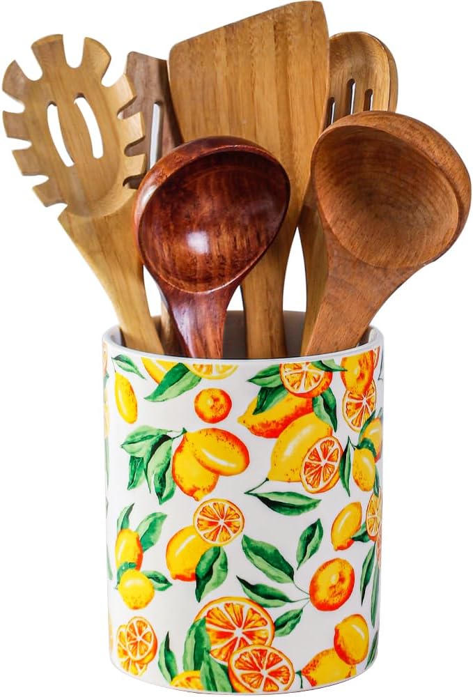 Kitchen Utensil Holder, 6.3″ Ceramic Cooking Utensil Holder for Countertop, Large Utensil Crocks for Kitchen Counter Decor, Modren Utensil Organizer Decorative Fruit patterns (Yellow Lemon, 6.3 Inch)