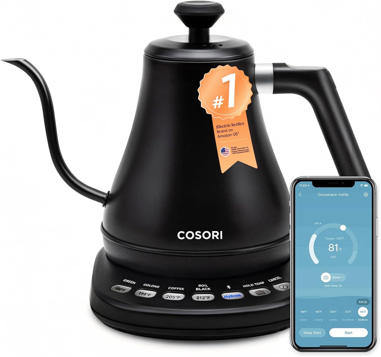 Cosori Smart Gooseneck Electric Kettle, App & Temperature Control, 0.8L | No Plastic Contact with Water, App Control, 4 Presets & Custom Temp (104–212°F), 60-Min Keep Warm, Pour Over Coffee & Tea
