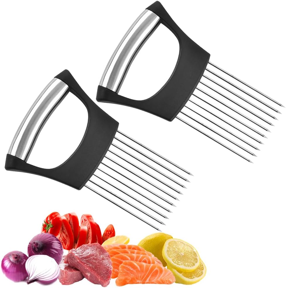Stainless Steel Onion Slice Holder, 2025 New Multifunctional Onion Slicer Chopper Vegetable Cutter, Premium Avocados Lemon Potato Tomato Carrots and Other Vegetable Fixing Slicer (2)