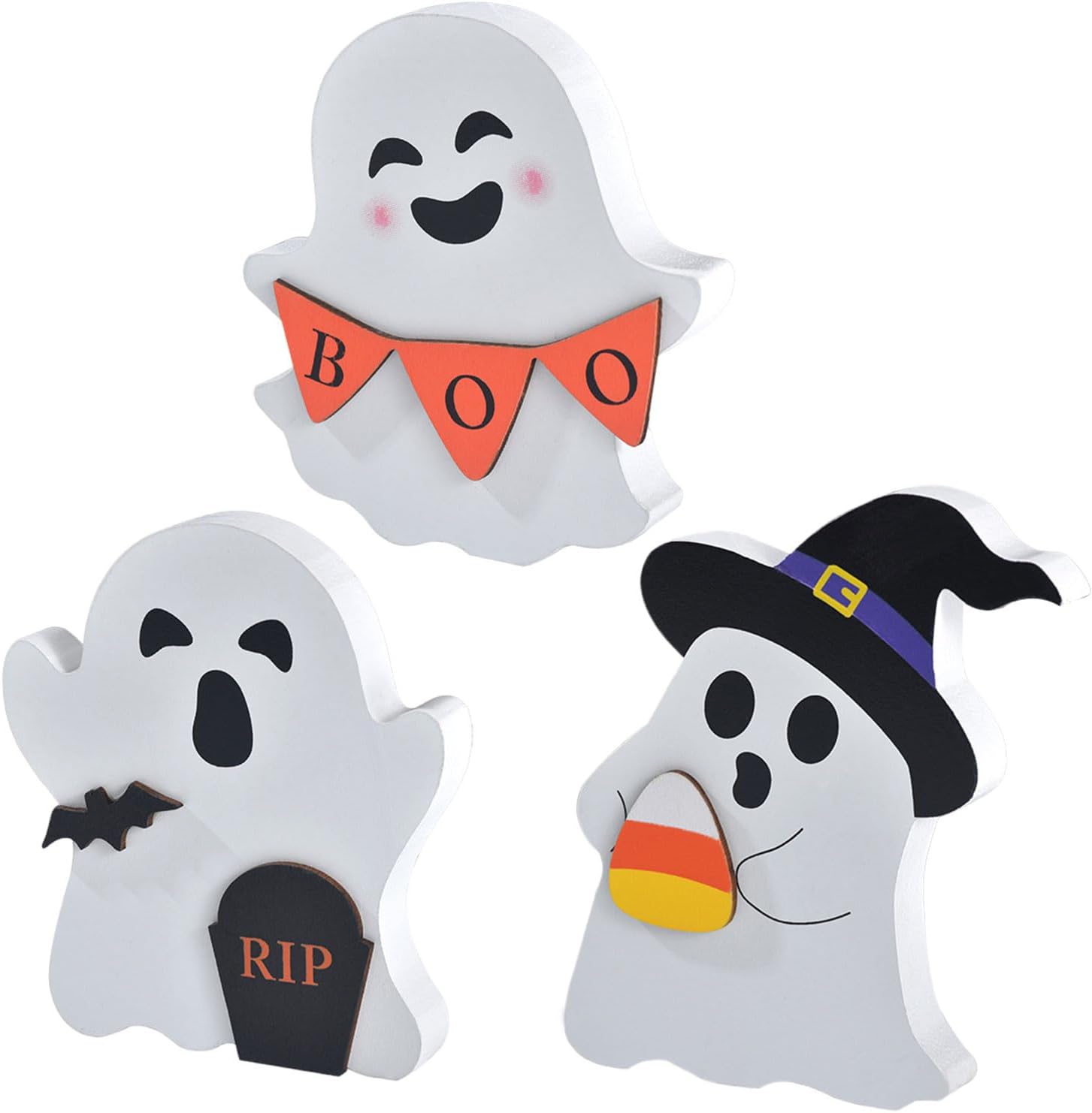 3 Pcs Cute Ghost Halloween Decorations for Indoors – Halloween Spooky Wooden Tiered Tray Decor Table Sign, Black Cat, Bat for Halloween Home Kitchen Party Table Decorations (Ghost Decorations B)