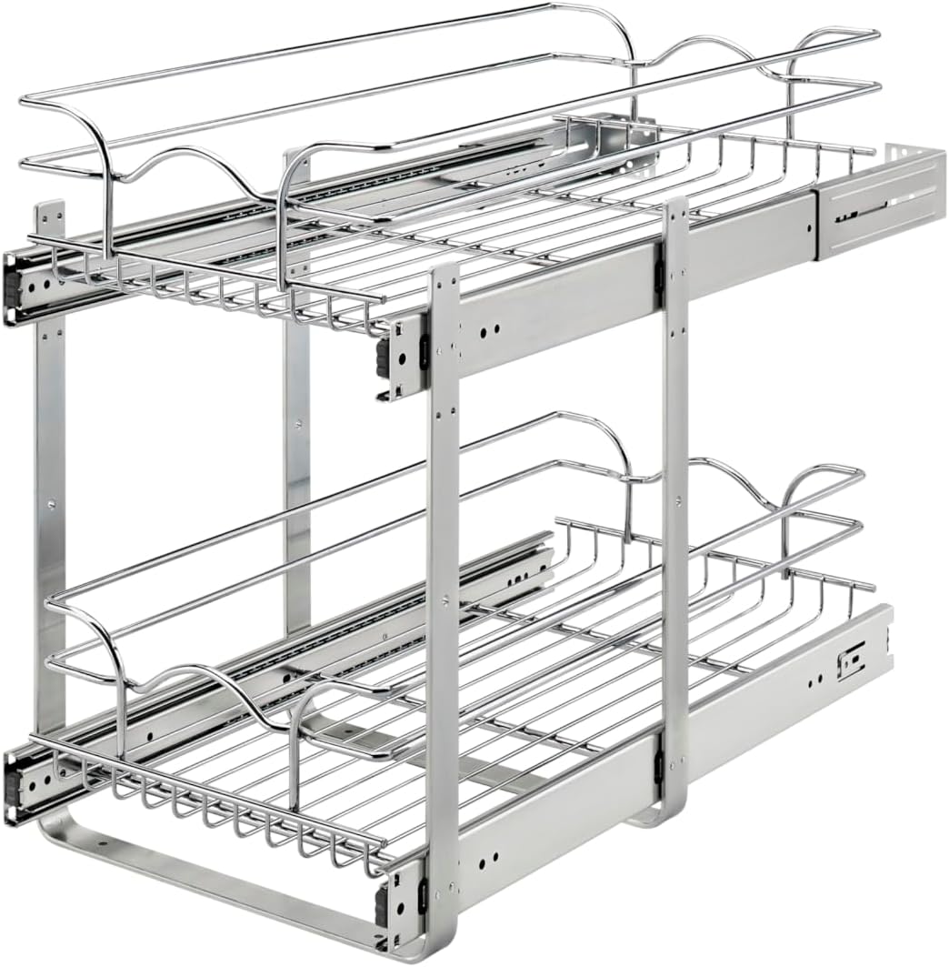 Rev-A-Shelf 2-Tier Pullout Shelf and Drawer Organizer for Kitchen Cabinets, Slide Out Storage Basket, Min Opening Width of 11.5″, 12″ x 22″, 5WB2-1222CR-1