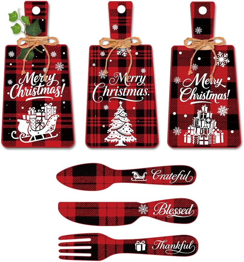 PH PandaHall 6pcs Christmas Wooden Sign, Red Plaid Christmas Kitchen Eat Sign Decorations Wall Decor Eat Art Hanging Fork Spoon Dining Signs for Home Kitchen Dining Living Room Bar Cafe
