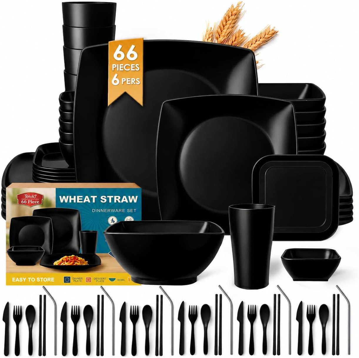 Teivio 66-piece With Flatware Plastic Kitchen Wheat Straw Square Dinnerware Set for 6, Unbreakable Dinner/Salad/Appetizer Plates, Snack Bowls, Dipping Sauce Cups,Tumblers, Dishwasher Safe Dish,Black