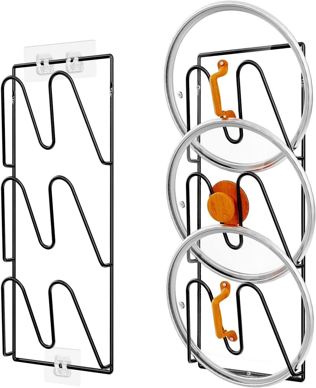 Durmmur 2 Pack Pot Lid Organizer Rack, 6-Tier Pot Lids Holder for Cabinet Door/Wall, No Drilling Adhesive Wall/Door Mounted Rustproof Pot and Pan Cover for Kitchen Storage, Classic Black