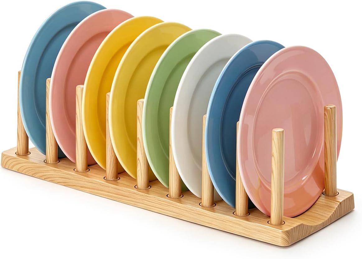 HOMQUEN Pot Lid Organizer, Sturdy Plastic Pan Lid Organizer Rack, 8 Adjustable Compartments – For Cabinet and Countertop, Pot Lids, Pans, Plates, Bowls, Cups, Cutting Boards and Books