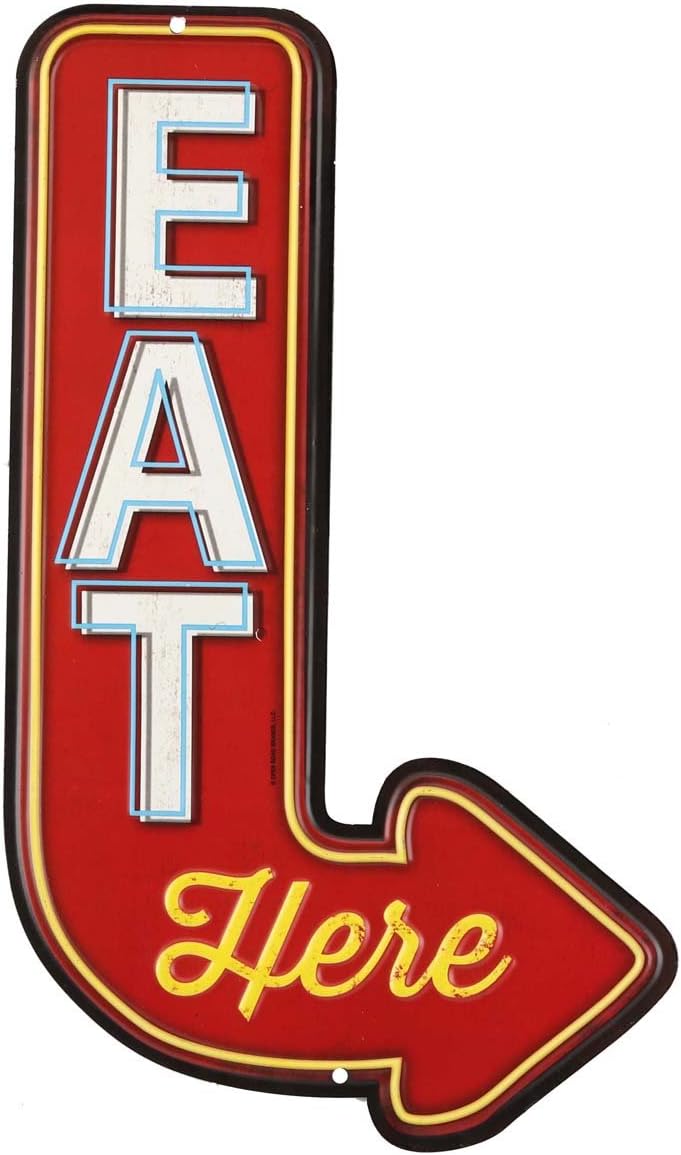 Eat Here Arrow Embossed Metal Sign – Vintage Diner Sign for Kitchen or Man Cave