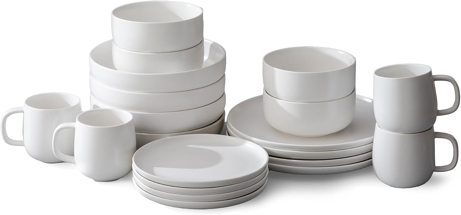 JazzUpCo Minimalist Porcelain Dinnerware Set – Modern 20/40/60/80 Piece Dish Set for 4, 8, 12 or 16 People – Plates, Bowls & Mugs (Matte White, 4 Person Set (20 Pieces))