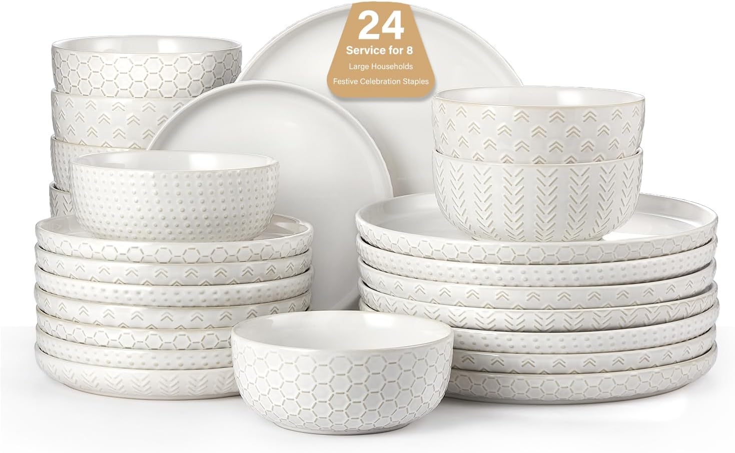 24 Piece Dinnerware Sets for 8 – Farmhouse Style Stoneware Plates and Bowls Sets – Scratch Resistant & Dishwasher Safe, Embossed Boho Ceramic Dish Set, Stack Compactly Dishware – Vintage White