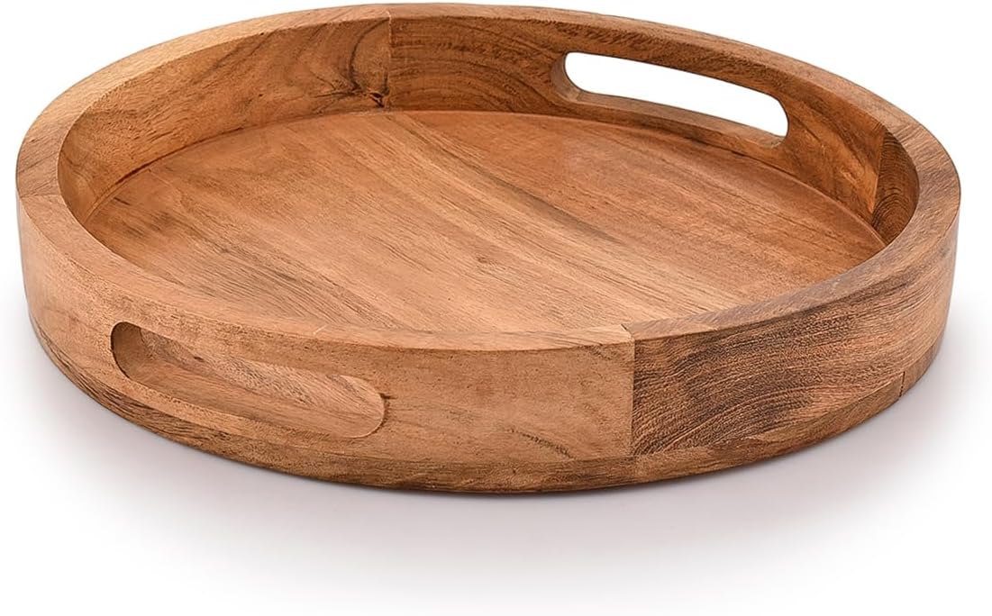 Samhita Round Serving Acacia Wooden Tray with Handles for Serving Beverages & Food on Bar Living Room Home Dining Table (12″ x 12″ x 1.6″)