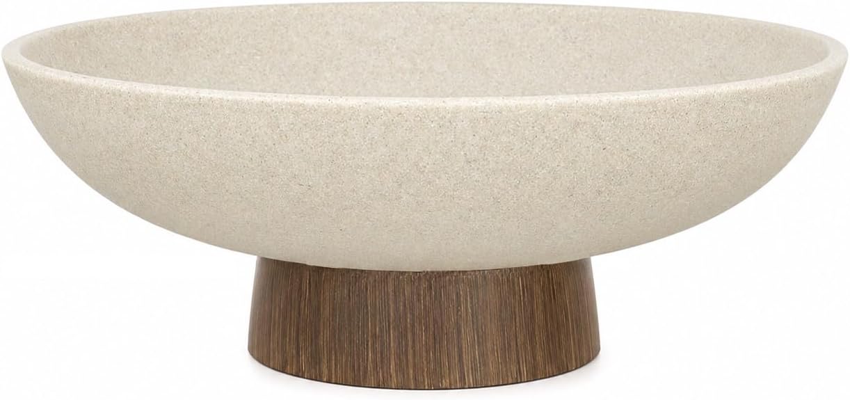 YMXYJM Modern Pedestal Fruit Bowl, Large Matte Resin Decorative Bowl with Faux Wood Base for Kitchen Counter, Living Room, Entryway Home Decor, Brown