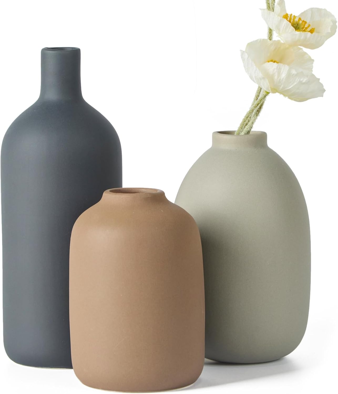 Ceramic Vase Set of 3,Neutral Modern Vases for Bouquet Pampas Grass Dried Fresh Flowers,Rustic Home Decor for Living Room,Bedroom Entryway