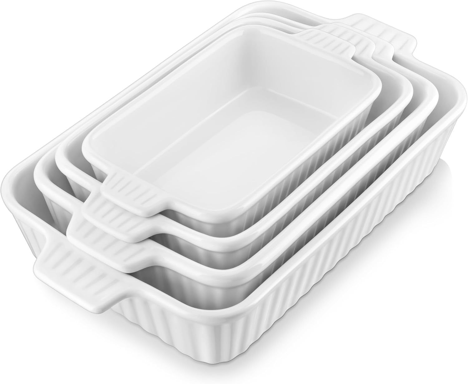 MALACASA Casserole Dishes for Oven, Porcelain Baking Dishes, Ceramic Bakeware Sets of 4, Rectangular Lasagna Pans with Handles for Baking Cake Kitchen, White (9.4″/11.1″/12.2″/14.7″)