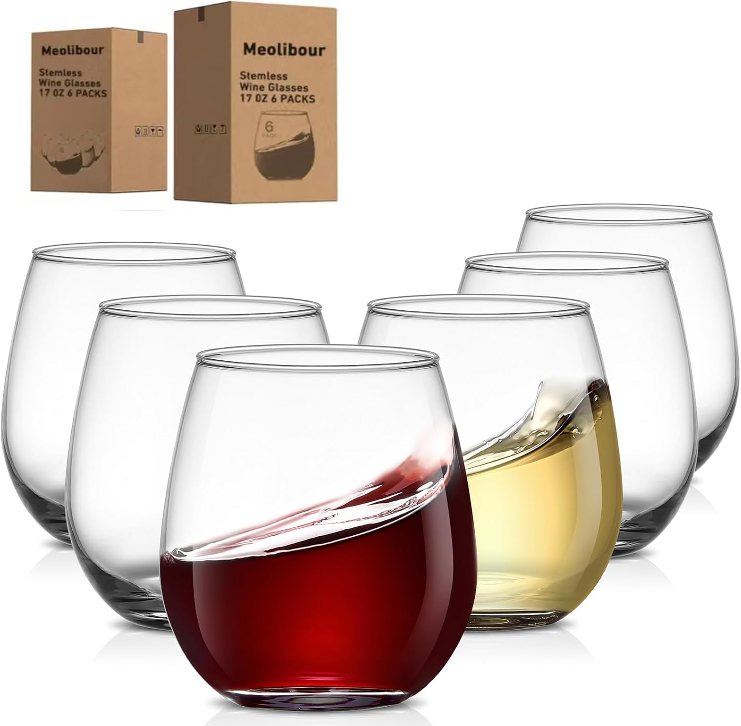 Meolibour® Large Stemless Wine Glasses Set of 6, 17 Ounces Red & White Wine Glasses Tumbler for Party, Clear Drink Glasses, Ideal Wine Accessories Gift, Lead-free, Dishwasher Safe