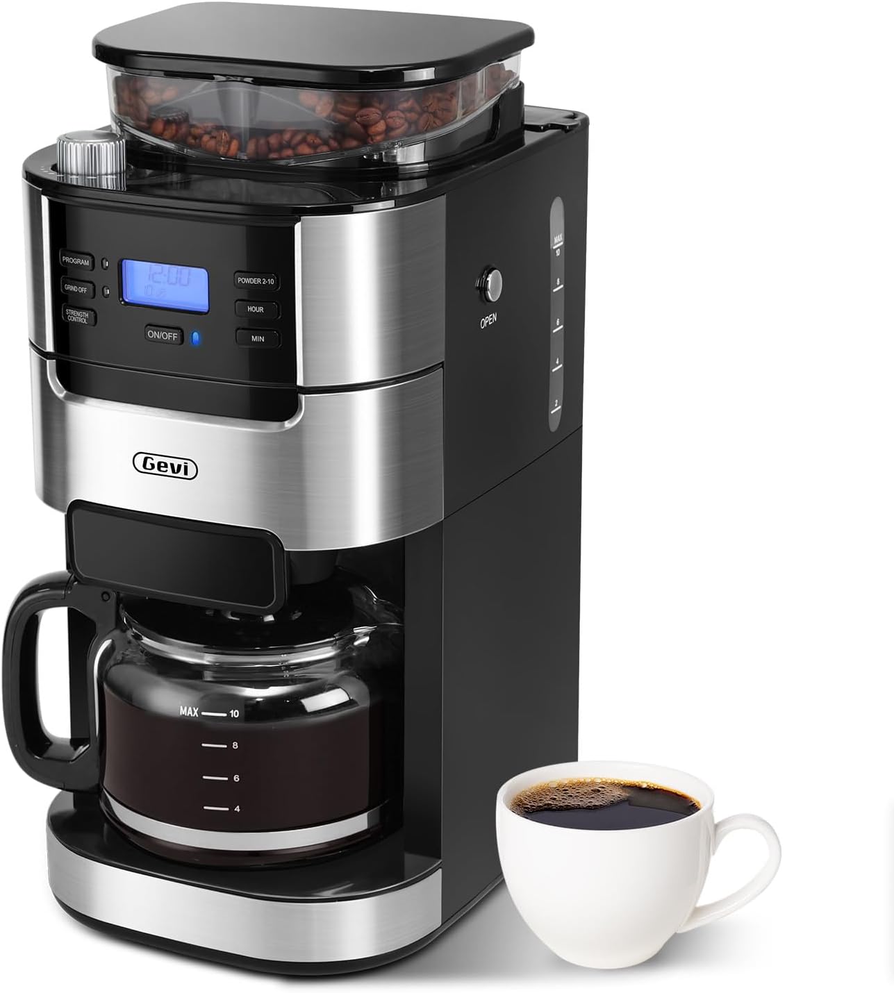 Gevi 10-Cup Drip Coffee Maker with Built-in Burr Grinder & Programmable Timer, 1.5L Water Tank, Auto Keep-Warm, Reusable Filter – Fresh Ground Coffee Machine (Black)