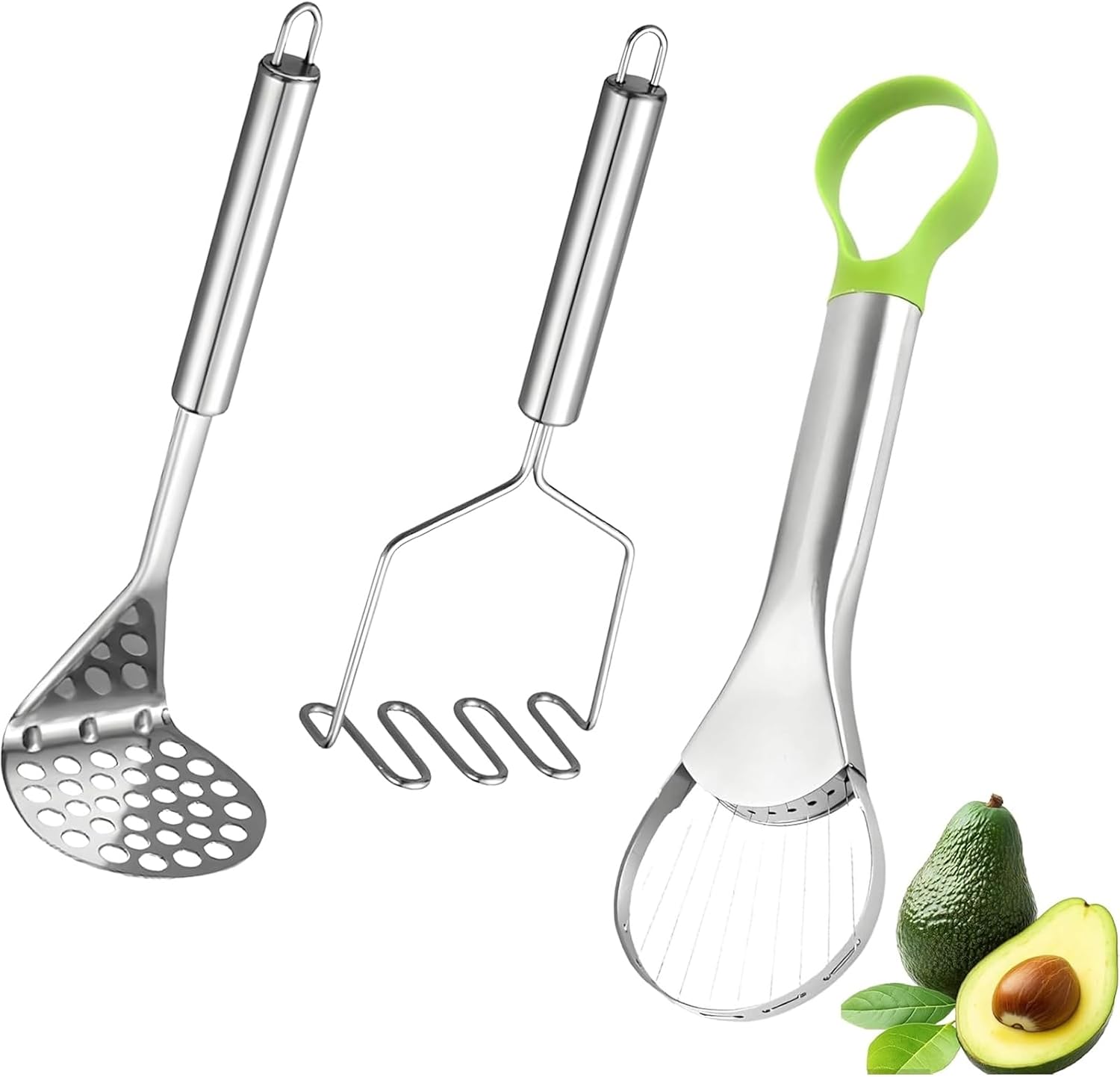 3 in 1 Avocado Slicer Tool, Avocado Cutter Pitter Peeler and Scooper, Stainless Steel Avocado Pit Remover with 2pcs Potato Masher, Dishwasher Safe Fruit Slicer for Guacamole, Avocado Toast, Salad