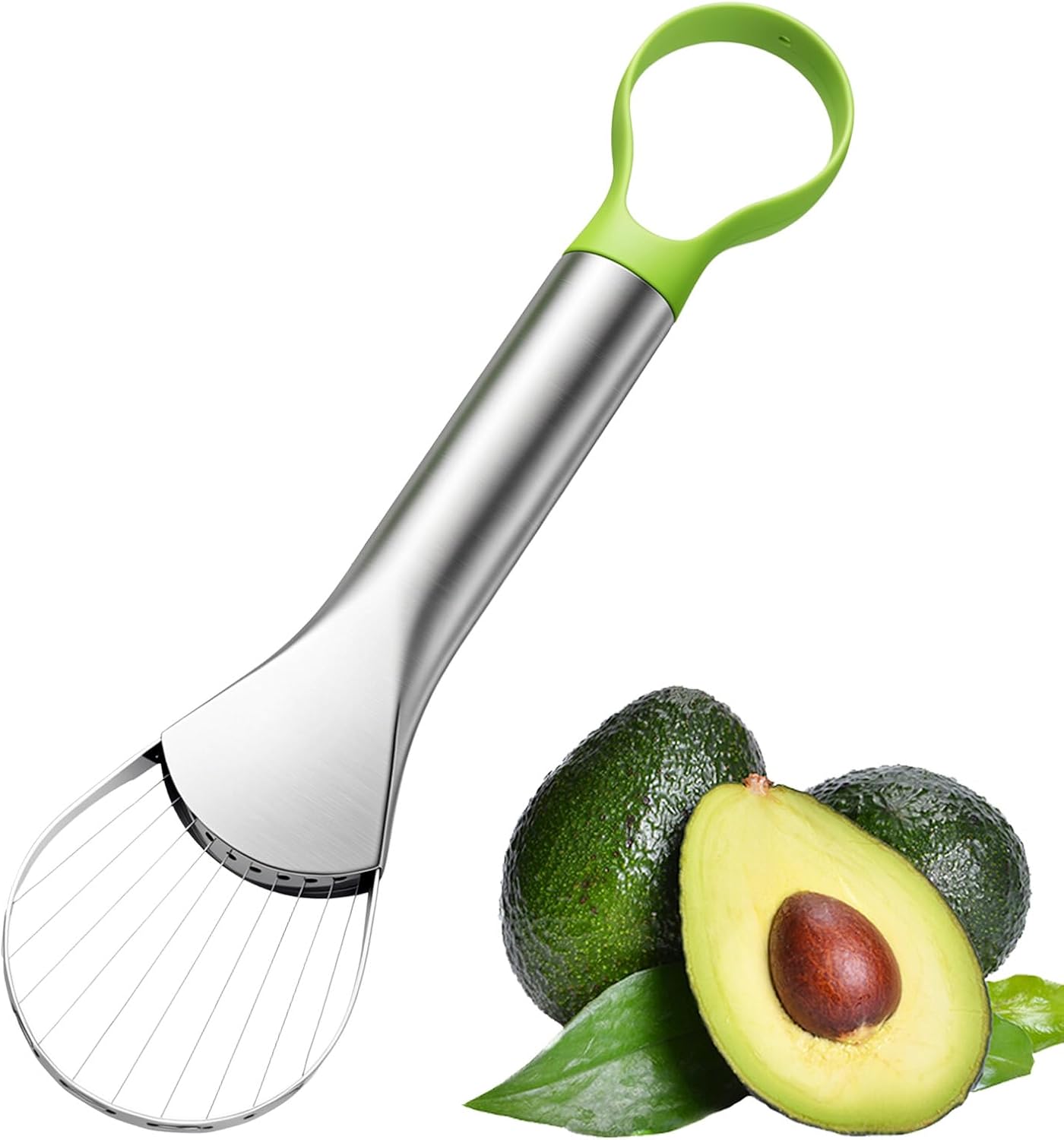 Avocado Slicer Tool, 3-in-1 Stainless Steel Avocado Slicer Tool with Peeler & Pitter, Silver & Green Design for Slicing, Scooping Pit Removal (9.37 x 2.28 In)