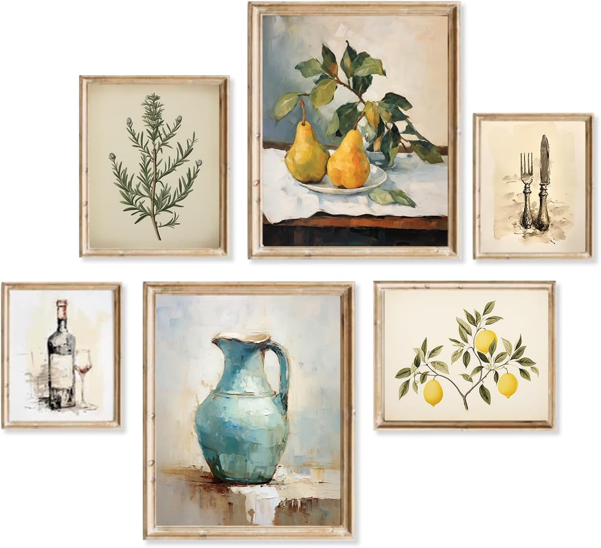 Vintage Kitchen Wall Decor Rustic Farmhouse Dining Room Wall Art Vintage Wall Art Decor Antique Ceramic Jug Silverware Rosemary Lemons Gallery Wall Prints for Bedroom Living Room Home,UNFRAMED,6pcs