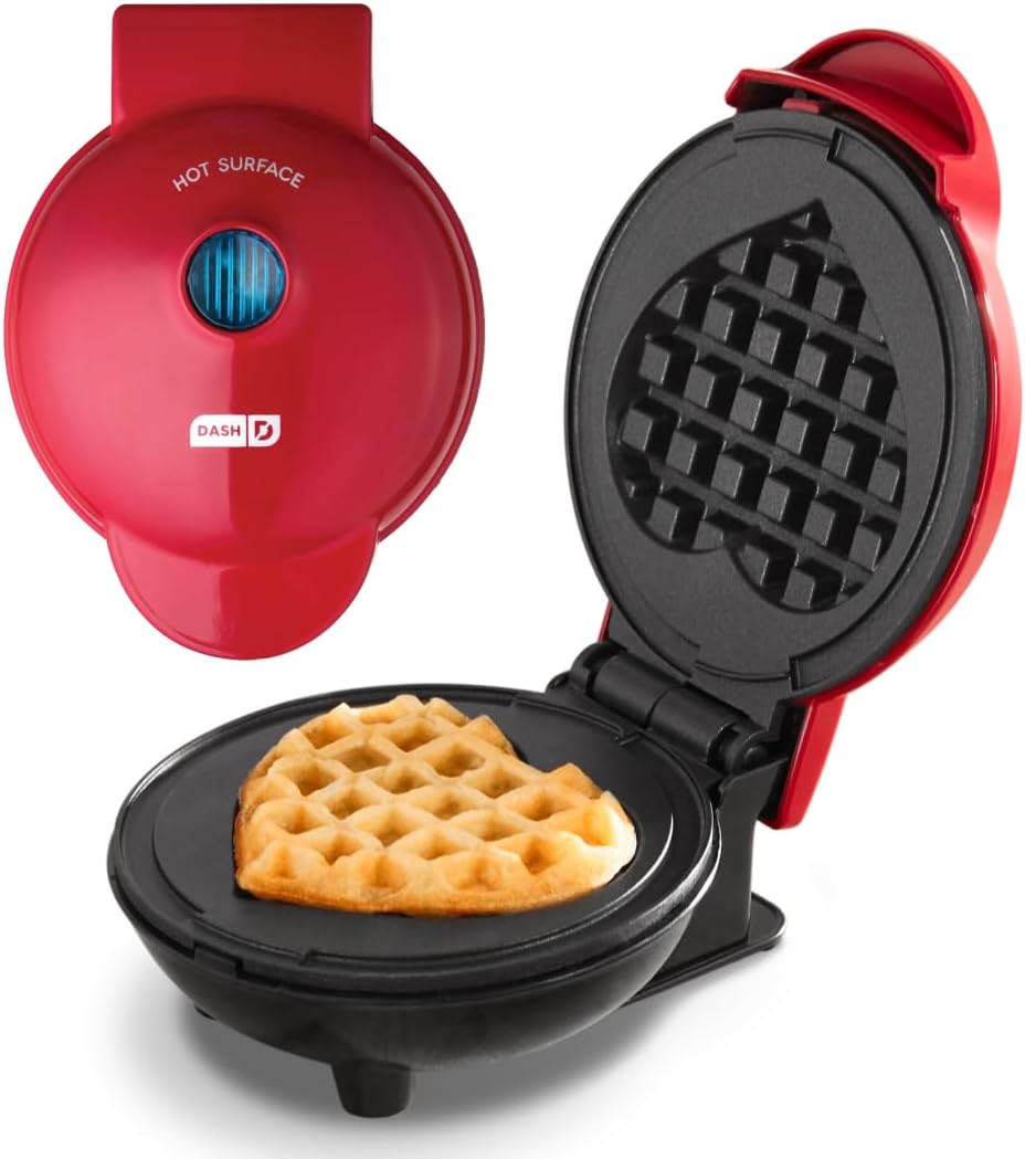 Dash Mini Waffle Maker- Mini Machine for Creative Homemade Treats – Nonstick Iron with Unique Print Design – Stylish Waffle Machine – Red Heart