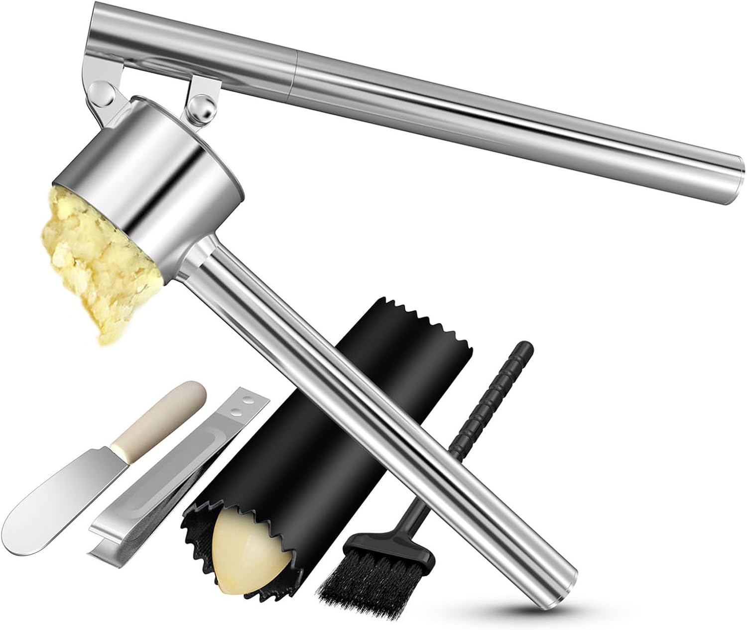 5-in-1 Stainless Steel Garlic Press Set with Jumbo Chamber & Mincer – Heavy Duty Rustproof Garlic Crusher with Ergonomic Handle, Dishwasher Safe, Easy Squeeze Design for Ginger, Nuts, Herbs