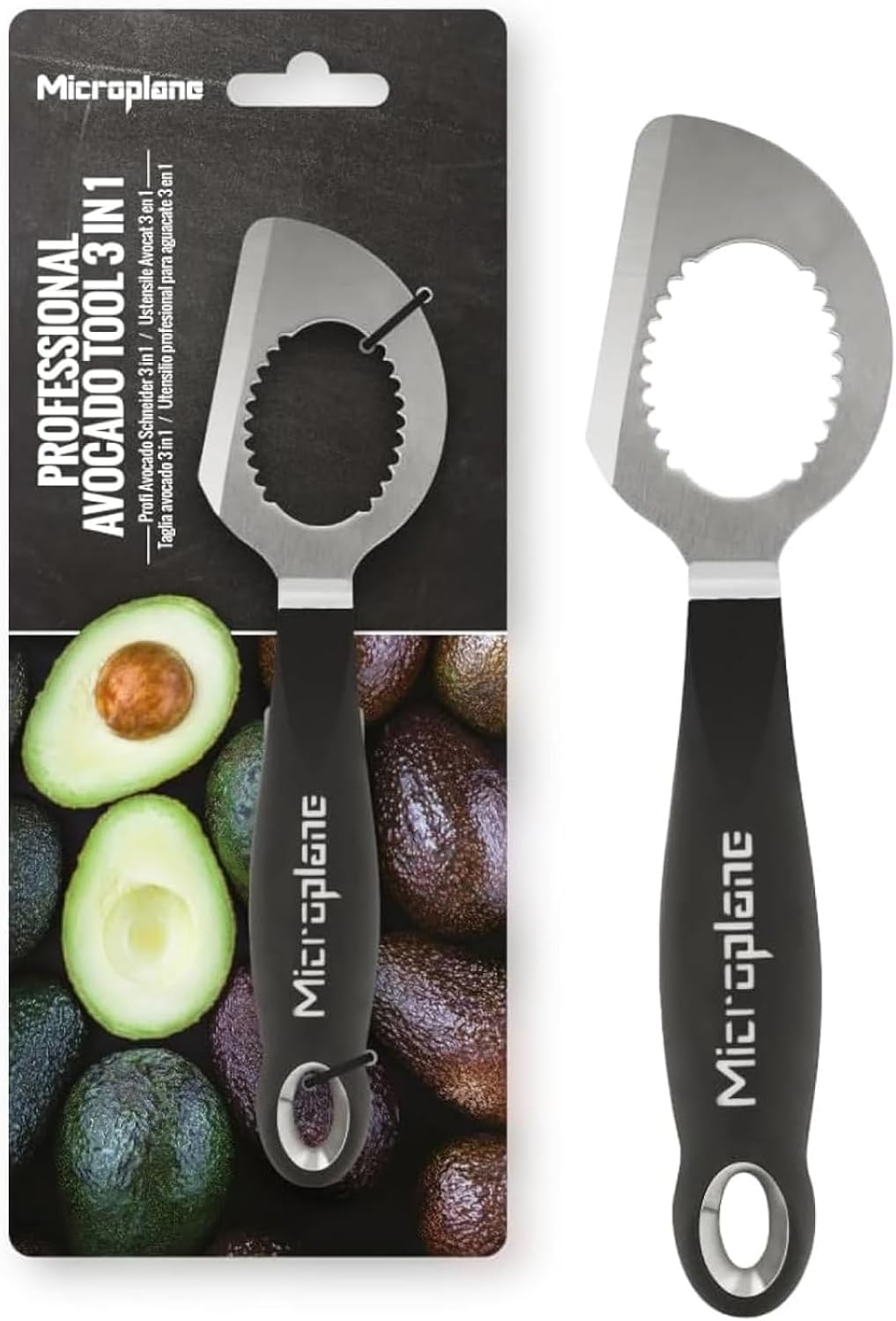 Microplane Avocado Tool | 3-in-1 Stainless Steel Avocado Slicer Tool, Pit Remover & Peeler with Soft Grip Handle | Avocado Cutter for Easy Prep | Dishwasher Safe