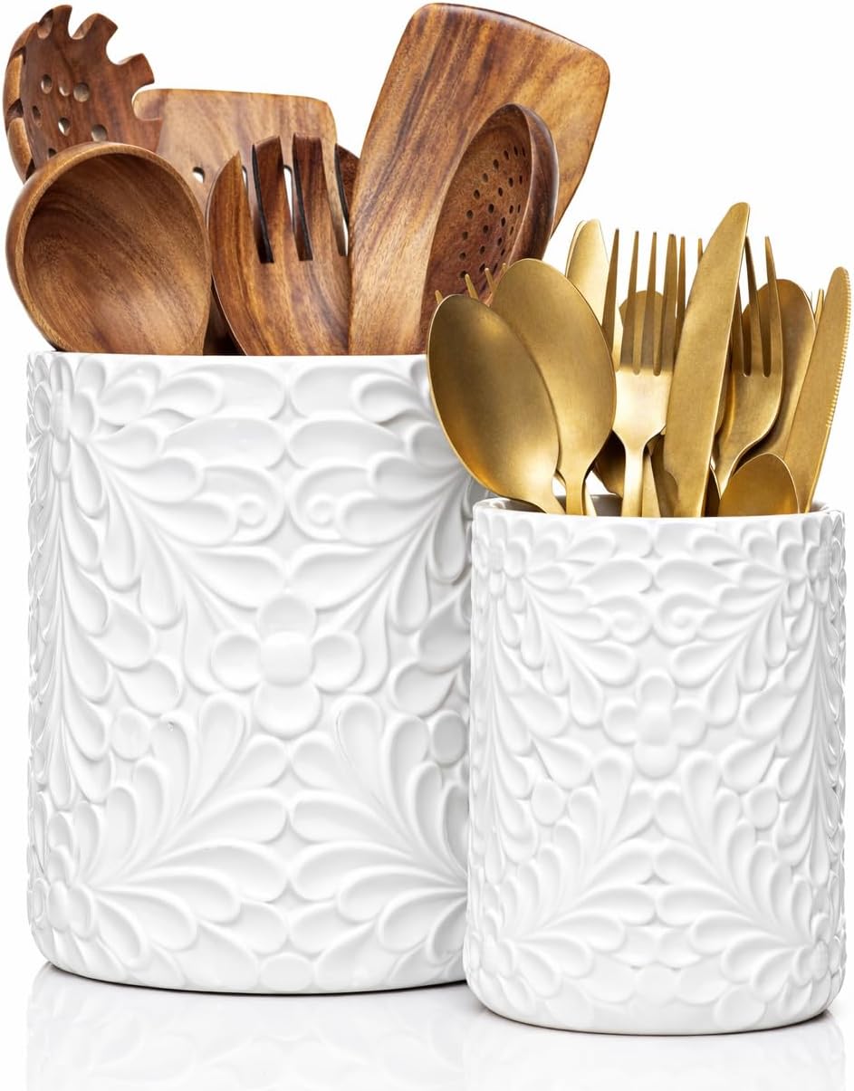 25DOL Large 7.3″+5.4″ Engraved Ceramic Utensil Holder for Countertop, Cooking Utensils Organizer for Spatula, Large Utensils Crock for Kitchen Counter, Kitchen Decor, set of 2, White