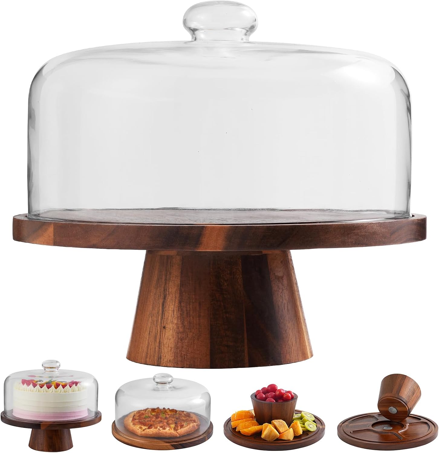 Acacia Wood Cake Stand with Glass Lid – 12″ Magnetic Base, Detachable Serving Tray for Cake, Cheese, Charcuterie, Snacks & Desserts – Wooden Cake Holder for Parties & Kitchen Display