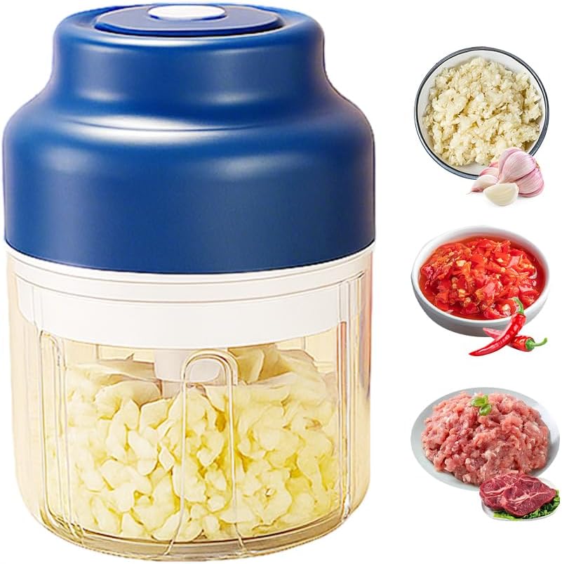 Electric Garlic Chopper with USB Rechargeable Design, Portable Food Processor for Garlic, Onion, Chili, Nuts, Vegetables, One-Touch Mini Kitchen Helper (Blue, 320ml)