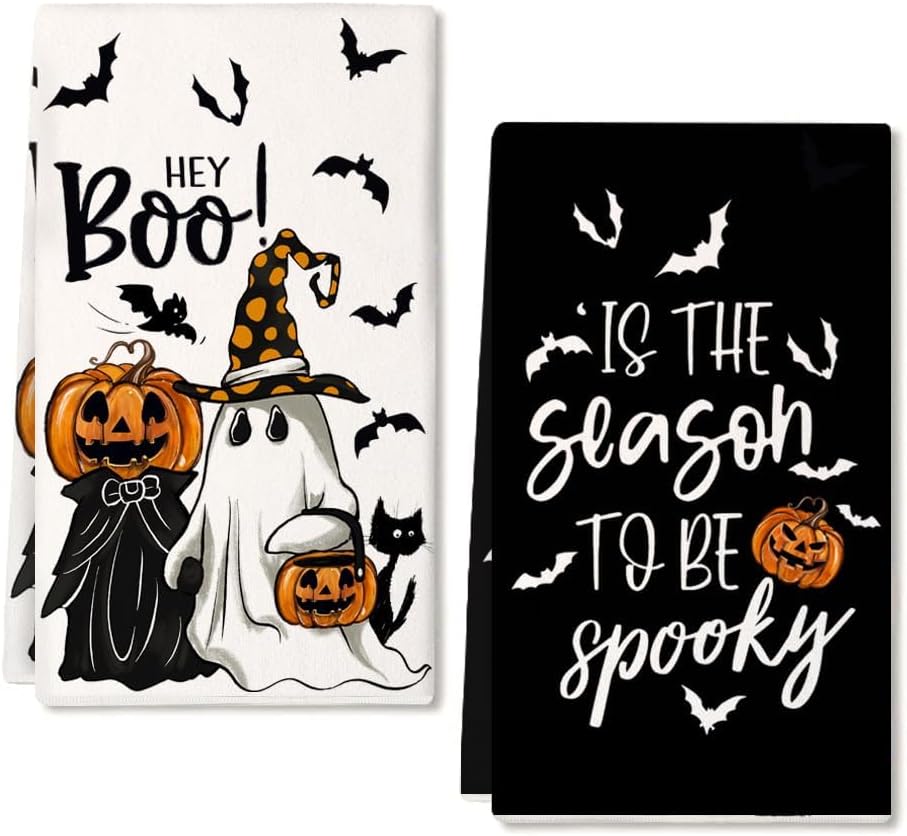 ARKENY Pumpkin Ghost Halloween Kitchen Towels Set of 2,Black Bat Boo Dish Towels 18×26 Inch,Farmhouse Home Indoor Vintage Party Decoration AD394