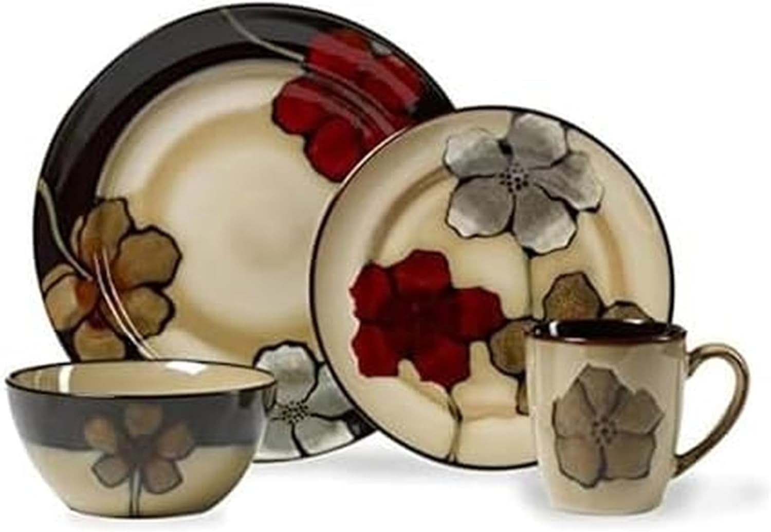 Pfaltzgraff Painted Poppies 16-Piece Stoneware Dinnerware Set, Service for 4, Dinner Plates, Salad Plates, Bowls and Mugs, Dishwasher and Microwave Safe
