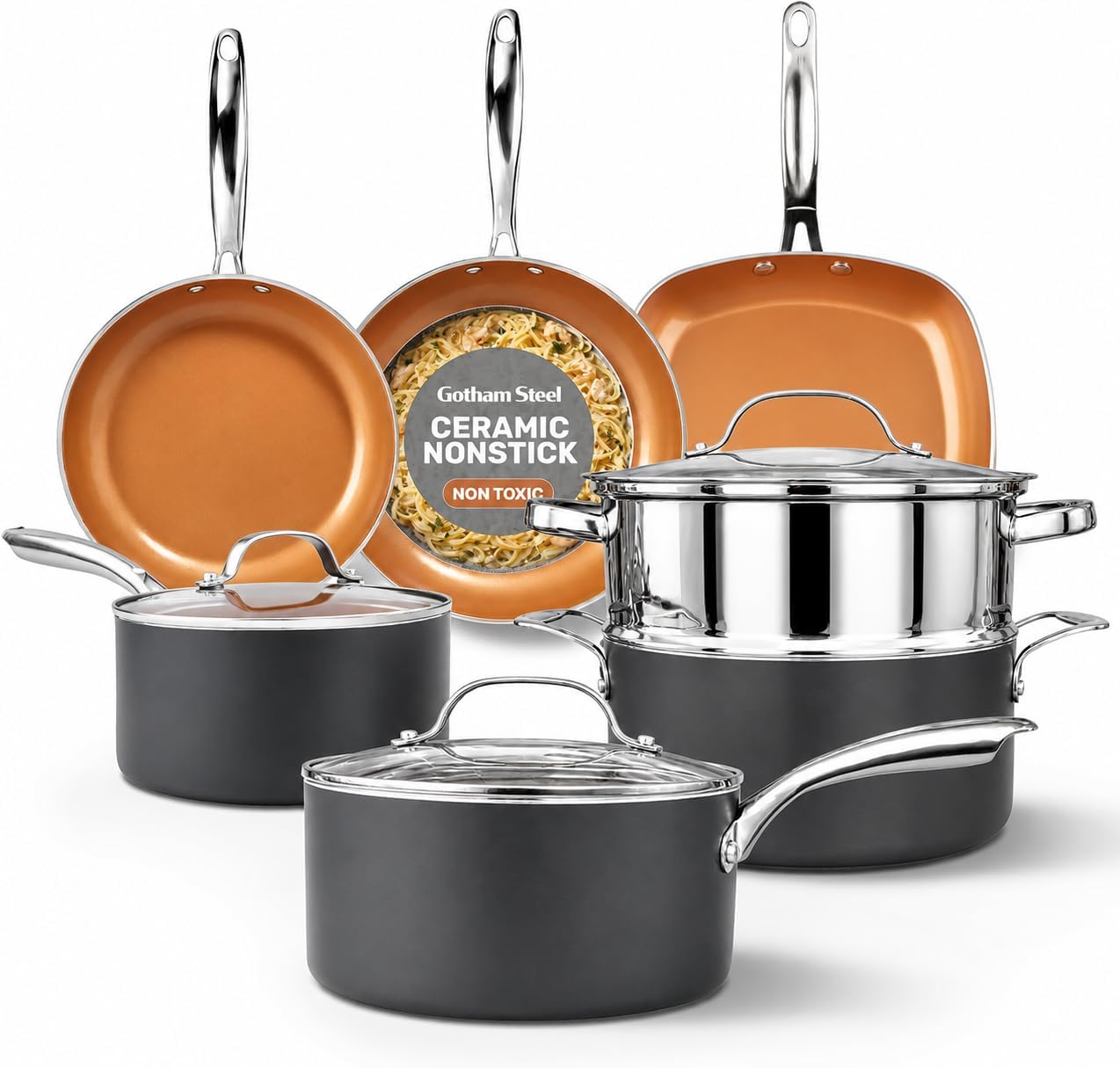 Gotham Steel 12 Pc Pots and Pans Set Non Stick Ceramic Cookware Set | Non Toxic PFOA/PFOS/PTFE Free, Stay Cool Stainless Steel Handles, Dishwasher and Oven Safe, Copper