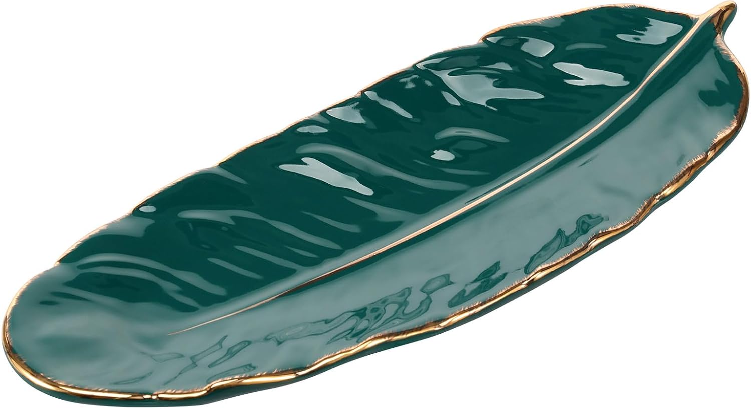 Ceramic Serving Platter with Feather Design – Green/White Trim Decorative Tray for Jewelry, Desserts & Appetizers, Dishwasher Safe, Ideal Gift for Parties & Holidays (Green)