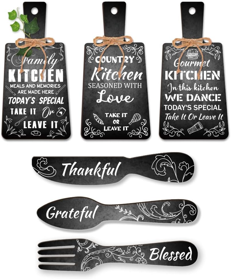 PH PandaHall 6pcs Cutting Board Eat Sign Set Black and White Chalk Text Wooden Hanging Signs, Rustic Dining Sign Decoration Fork and Spoon Wall Decor for Kitchen and Home Decoration Art