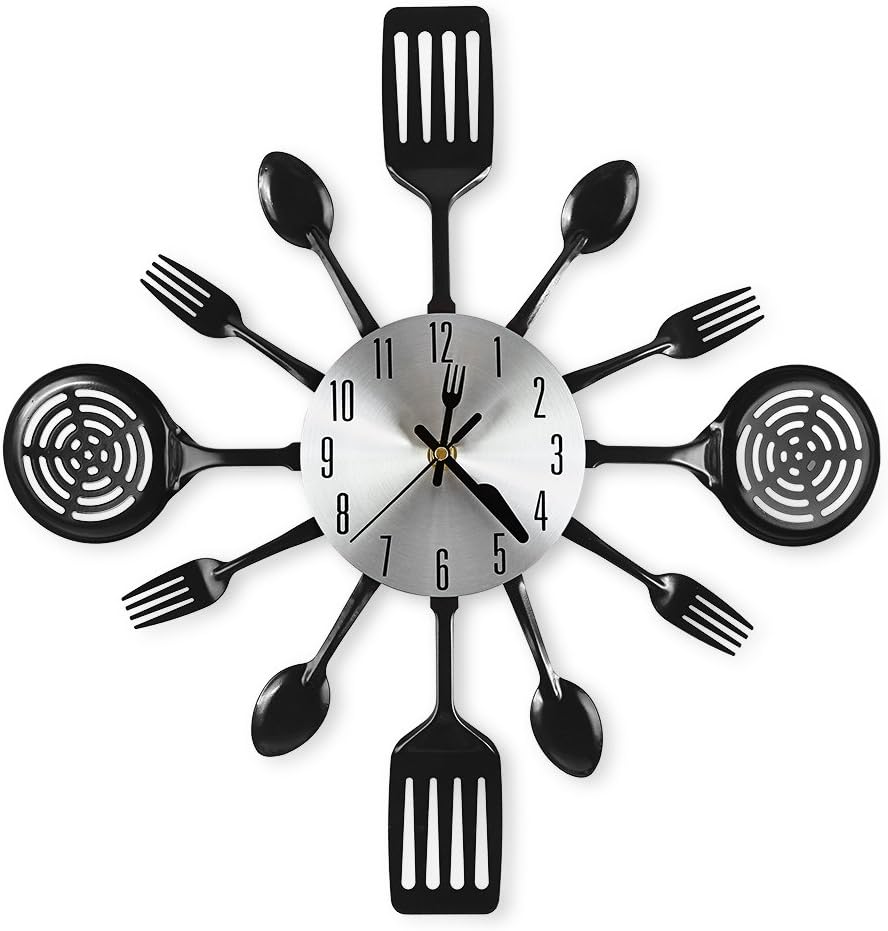 16 Inch Cutlery Kitchen Wall Clock – Silent Non-Ticking, Battery Operated, Fork & Spoon Design for Home, Dining Room Decor, for Mom, Wife, Cooking Lovers
