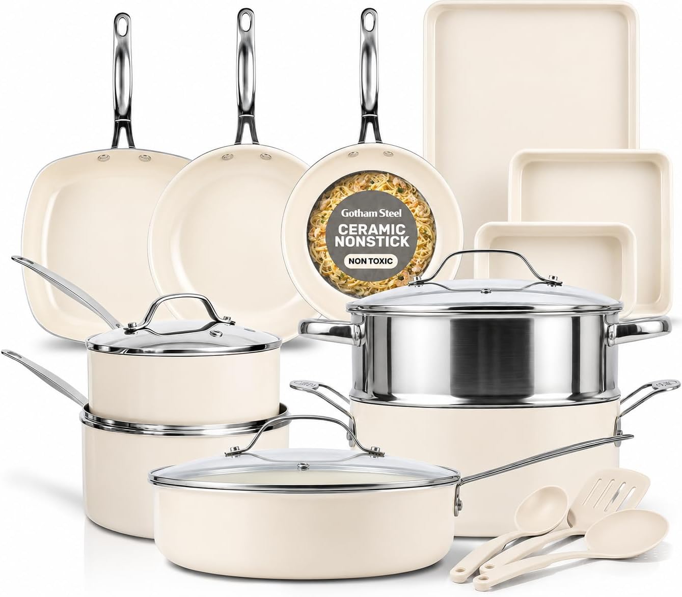 GOTHAM STEEL 20 Pc Ceramic Cookware Set Nonstick, Ceramic Pots and Pans Set Non Stick for Kitchen with Bakeware, Cooking Utensils & Steamer, Non Toxic PFOA PFOS Free, Oven & Dishwasher Safe