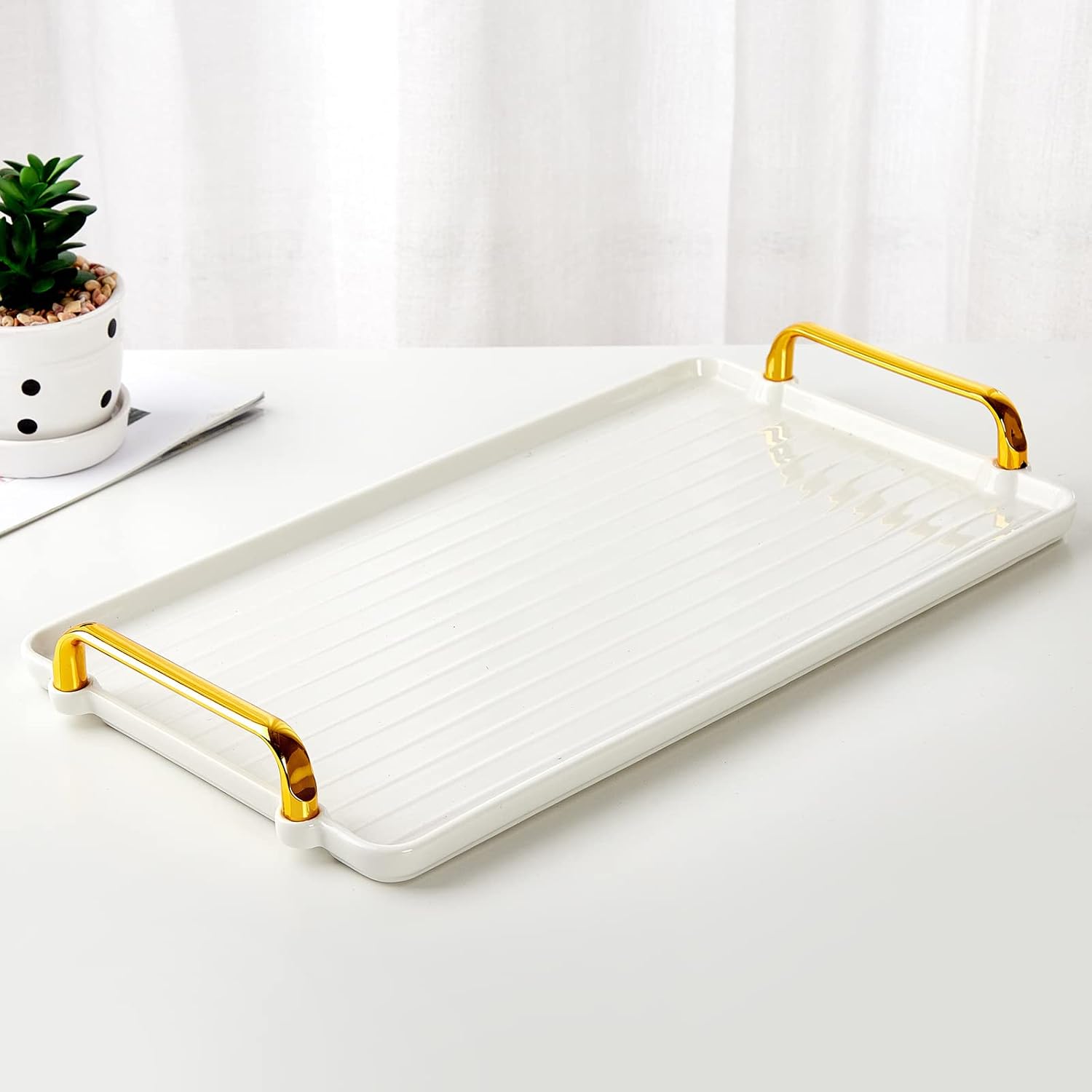 DUJUST Porcelain Serving Tray with Golden Handles, Modern Nordic Style Coffee Table Tray, Beautiful Tea Tray Decor for Living Room, Easy to Use & Clean