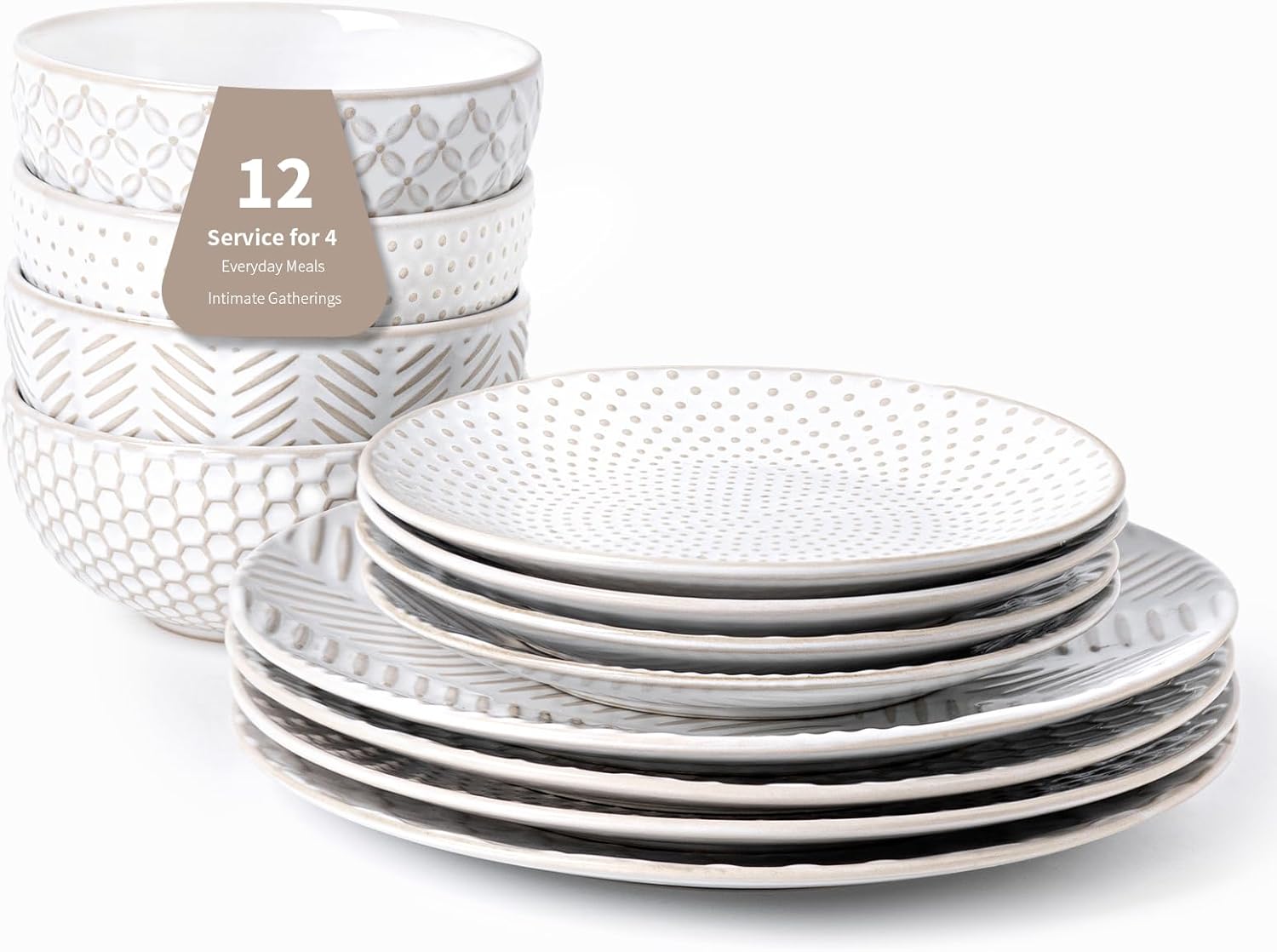 FOBENTA 12 Piece Embossed Dinnerware Sets for 4, Elegant Plates and Bowls Sets, Microwave & Dishwasher Safe, Stoneware for Stylish Home Dining–Perfect Housewarming Gift for Busy Families & Hostesses