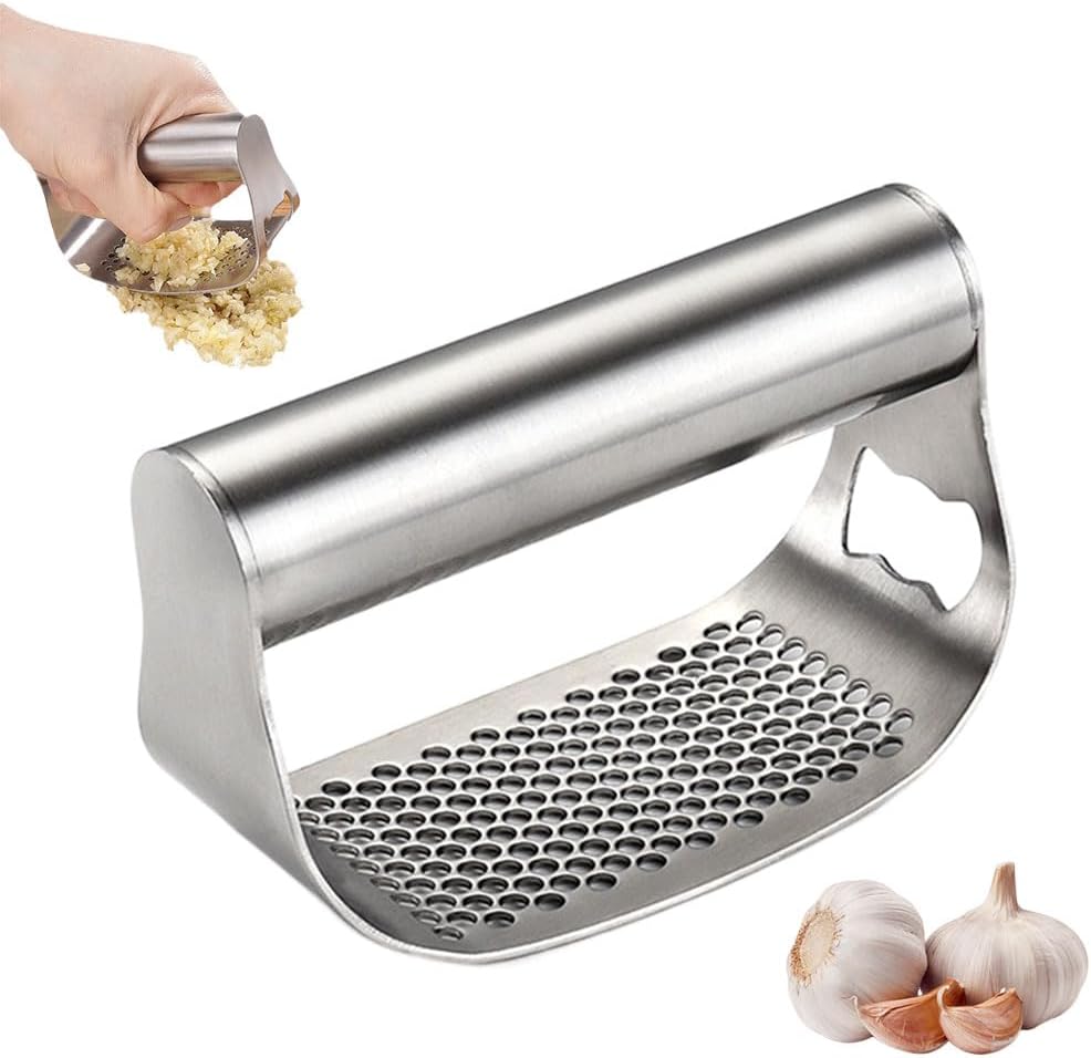 Stainless Steel Garlic Presser, Garlic Press Rocker Heavy Duty Stainless Steel Garlic Mincer, Garlic Chopper with Peeler And Cleaning Brush for Smash Garlic Kitchen Tools (A)