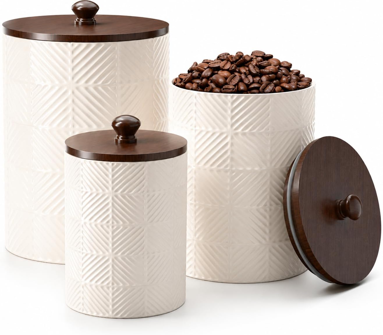 Ceramic Canisters Sets for the Kitchen – Kitchen Canisters for Countertop with Airtight Bamboo Lids – Ceramic Canister Set of 3 for Flour, Sugar, Tea or Spice – Airtight Coffee Canister