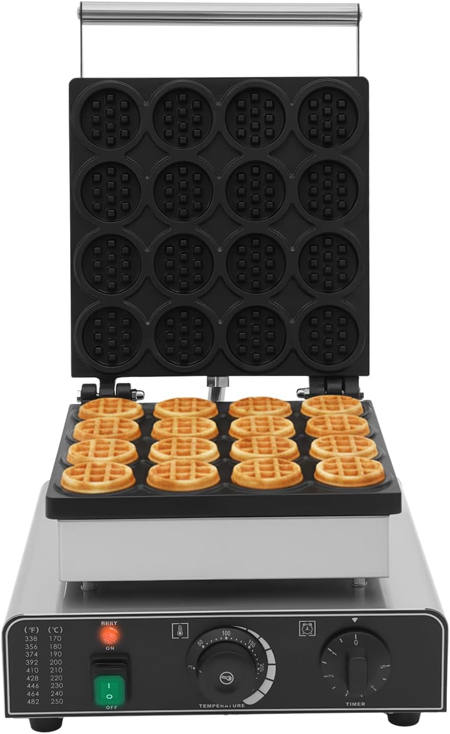 1750W Commercial Waffle Maker, 16PCS Mini Round Waffle Baker Machine, Non-Stick Cooking Plate with 122-572℉ Temp Control & 0-5 Minutes Timer for Cafe Restaurant