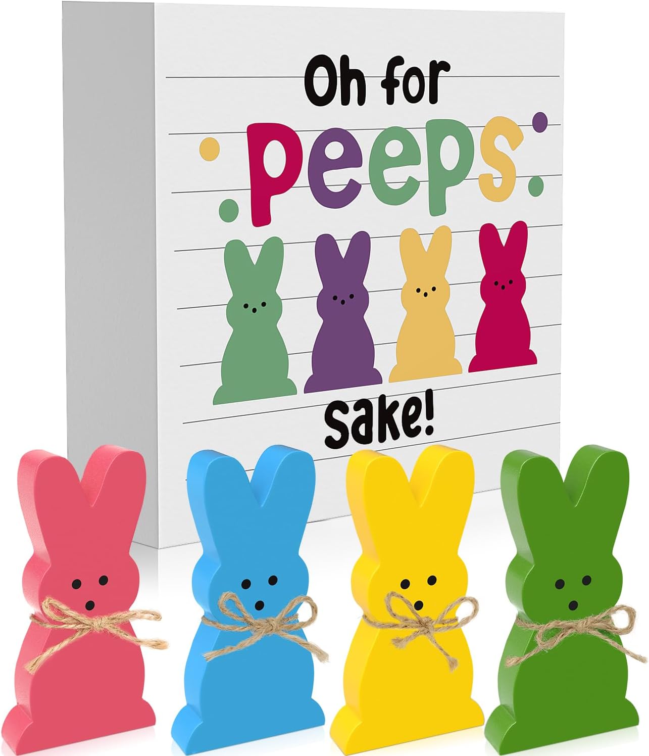 WOHOHOHO 5Pcs Easter Bunny Wooden Décor, 4 Pcs Bunny with Funny Easter Bunny Wooden Box Sign, Oh for Peeps Gift Wood Rabbit Tiered Table Decor for Farmhouse Kitchen Bathroom Office Party Supplies