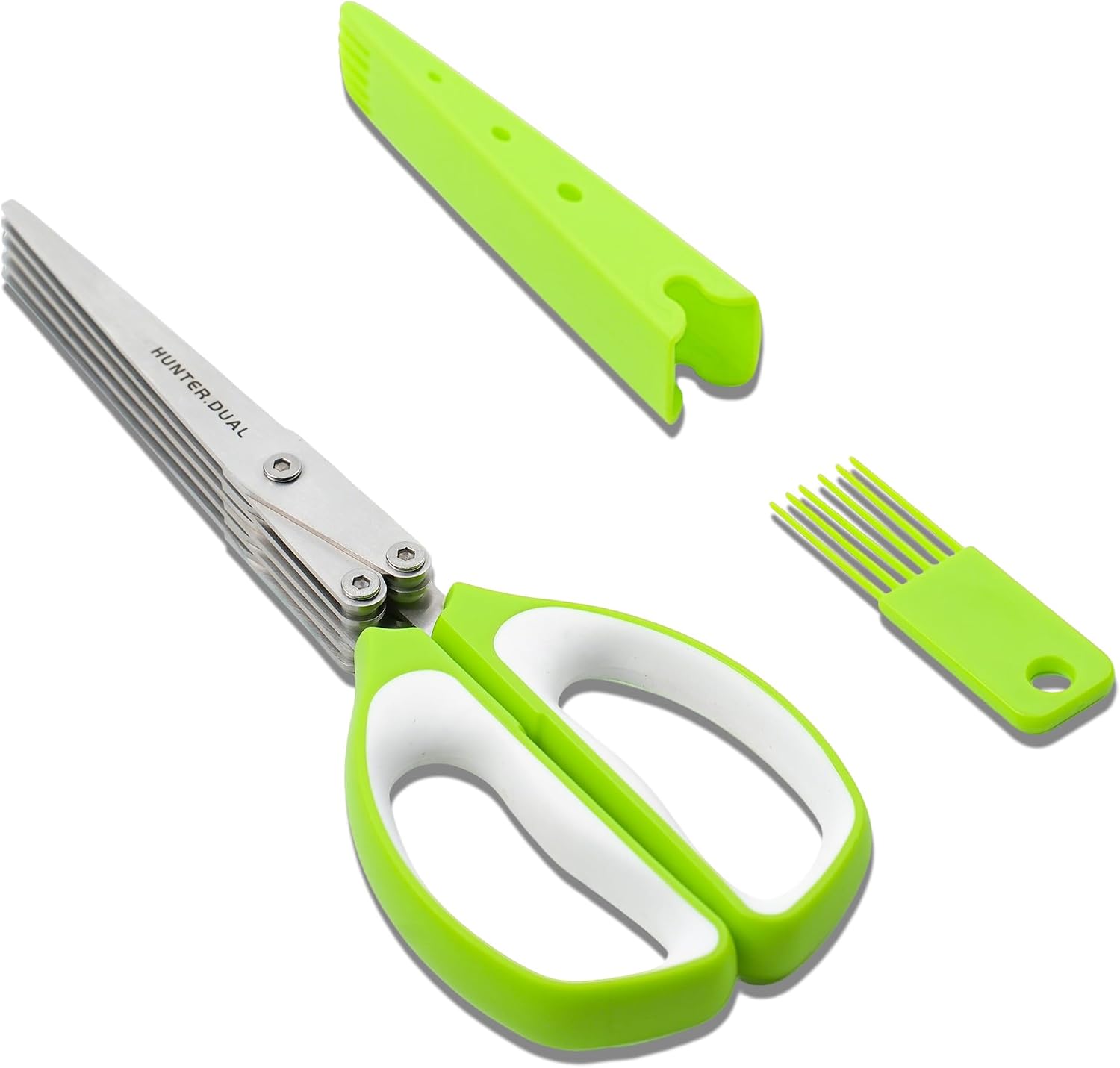 5 Blades Herb Scissors – Professional Kitchen Shears with Safety Cover for Cutting Green Onions, Fresh Herbs, Vegetables & Salad Food Prep, Must-Have Cooking Gadgets (Green, White, 8.7 inch)