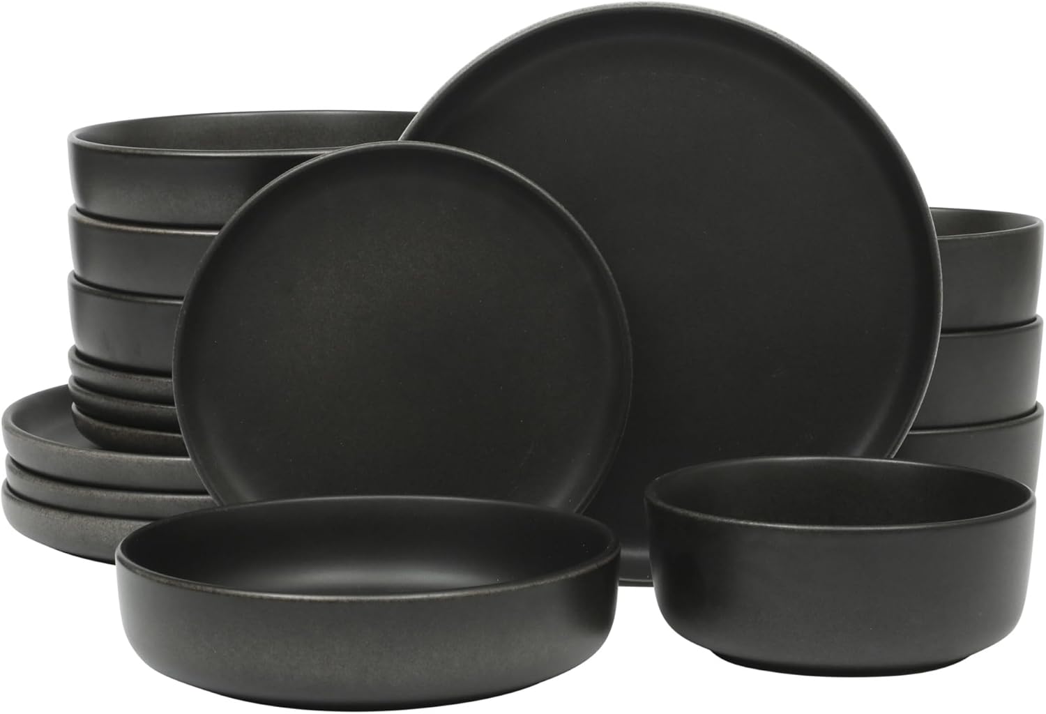 Gibson Elite Pasco 16 Piece (Service for 4) Plates and Bowls Double Bowl Reactive Glaze Dishes Stoneware Ceramic Dinnerware Set – Black