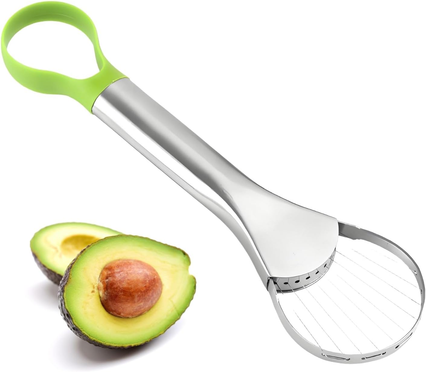 Emptycolor Avocado Slicer Tool, 3-in-1 Stainless Steel Avocado Cutter, Pitter & Peeler, Multi-Function Avocado Tool for Slicing, Scooping, and Pit Removal, Kitchen Gadget with Green Plastic Handle