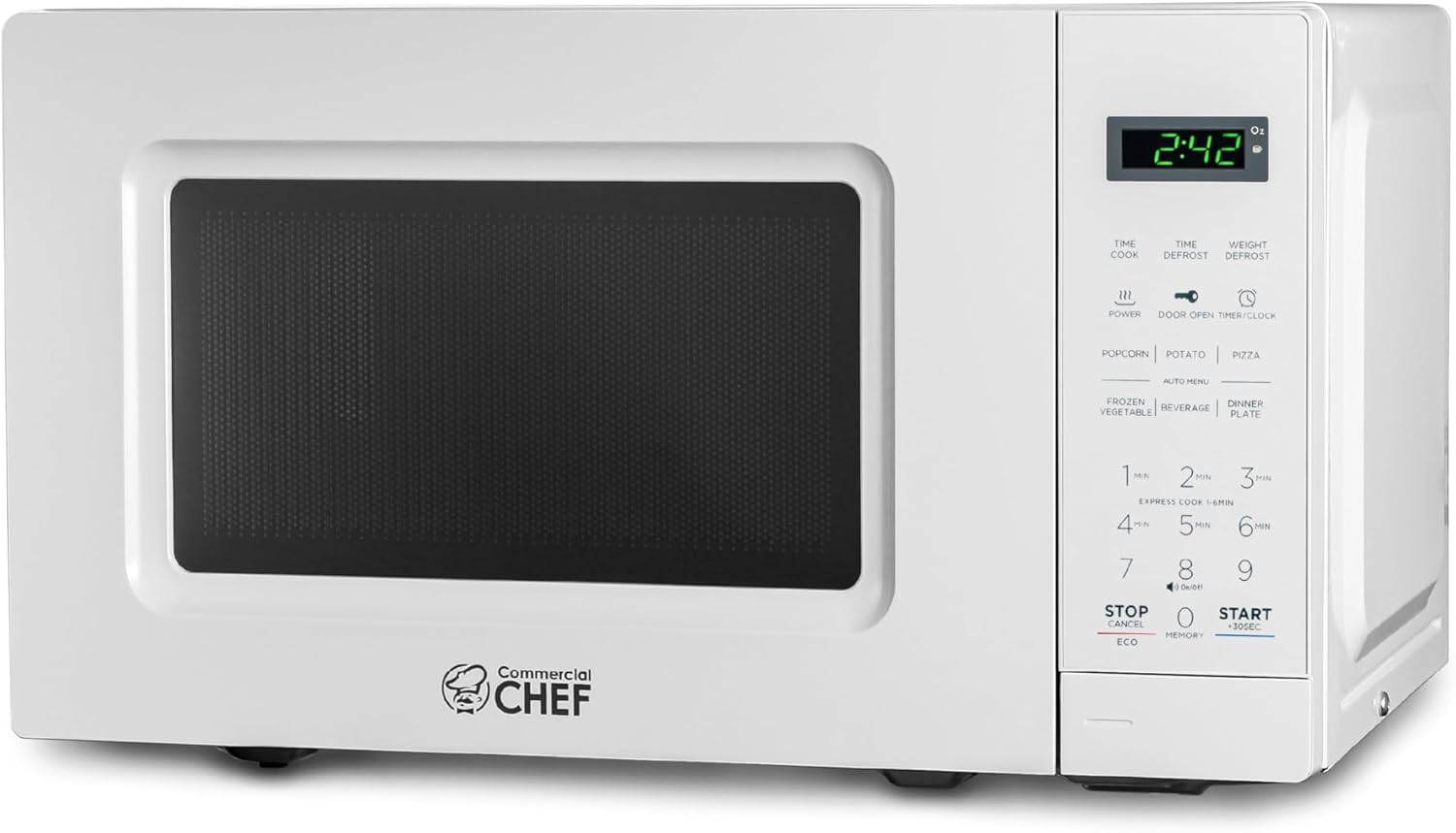 Commercial Chef 0.7 Cu. Ft. Countertop Microwave Oven, Touch Controls with Digital LED Display, 700W Small Microwave with 10” Turntable Plate, Push Button Door, 10 Power Levels, CHM7MW, White