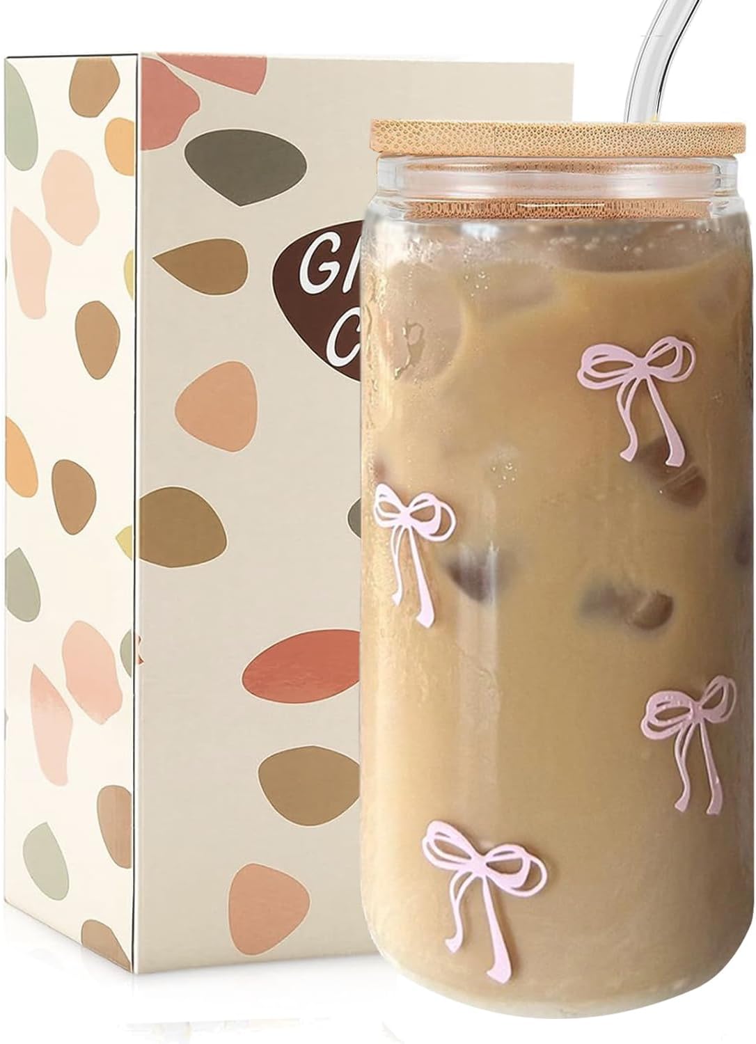 Mikopei Coquette Aesthetic Glass Cups with Lids and Straws – Pink Bow Iced Coffee Cup Decor, Cute Tumbler Smoothie with Cleaning Brush&Gift Box, Gifts for Girls Women Friends, 16 oz