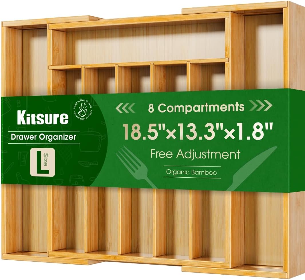 Kitsure Silverware Organizer – Expandable Bamboo Kitchen Drawer Organizer for Cooking Utensils and Cutlery, Sturdy & Thickened Kitchen Organizers and Storage Solution, Large, Natural