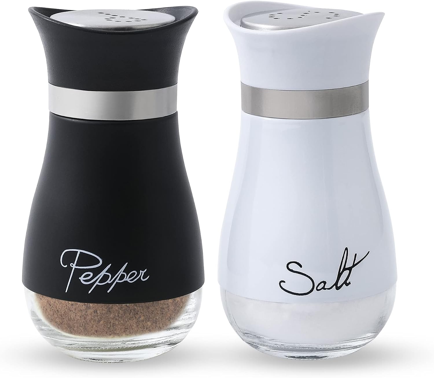 Lonffery Salt and Pepper Shakers Set – Salt Containers for Gifts, Kitchen Decor, Home, RV, Camp, BBQ, 4 oz Farmhouse Spice Dispenser with Glass Bottom, Black and White, Set of 2
